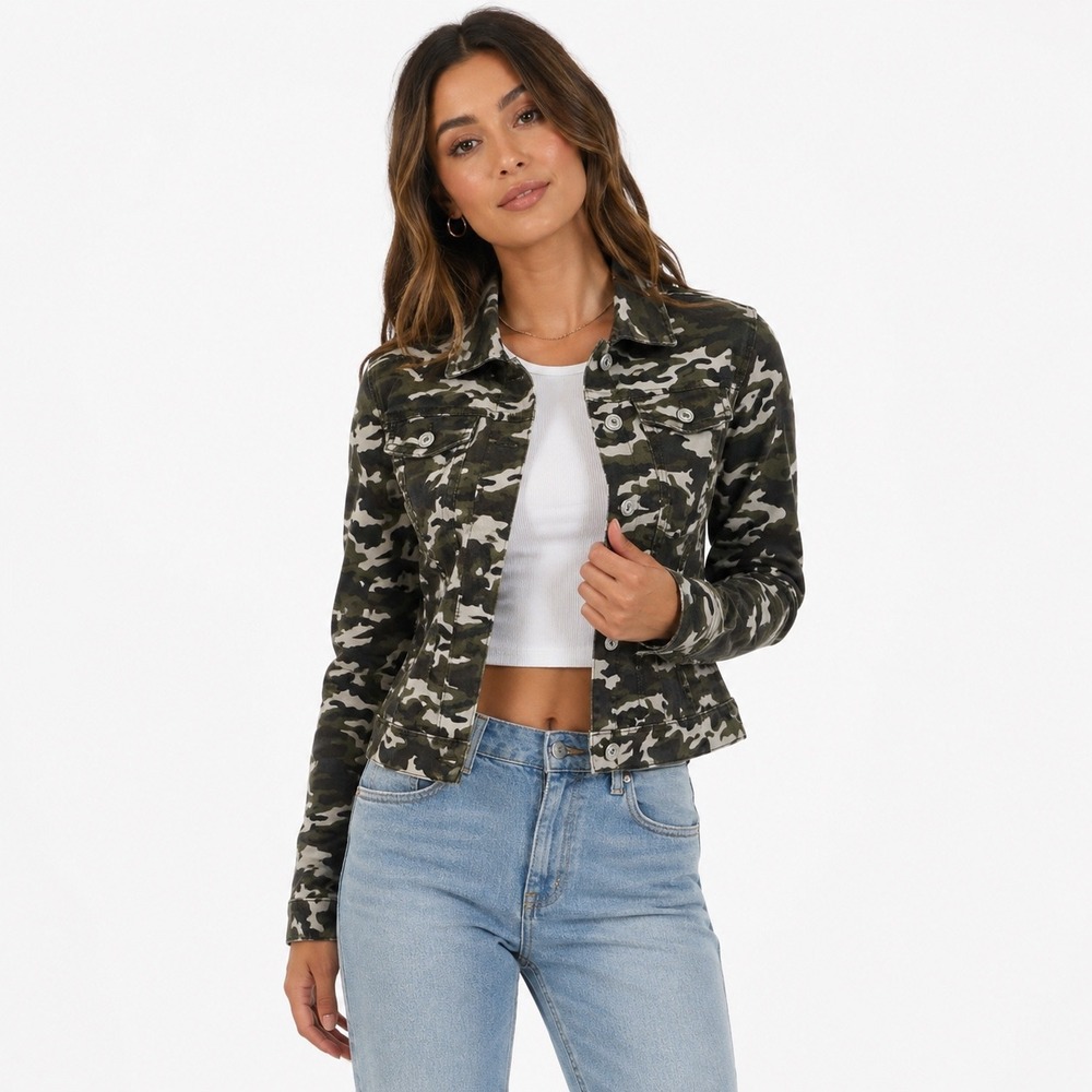 White Mark Womens Denim Jacket Green Camo Military Utility Streetwear Size M